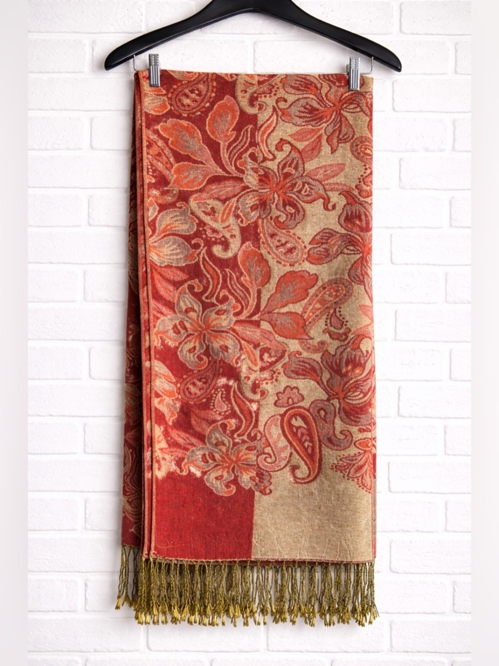 Pashmina Style Scarf Red Gold Paisley Fringe Wrap Shawl